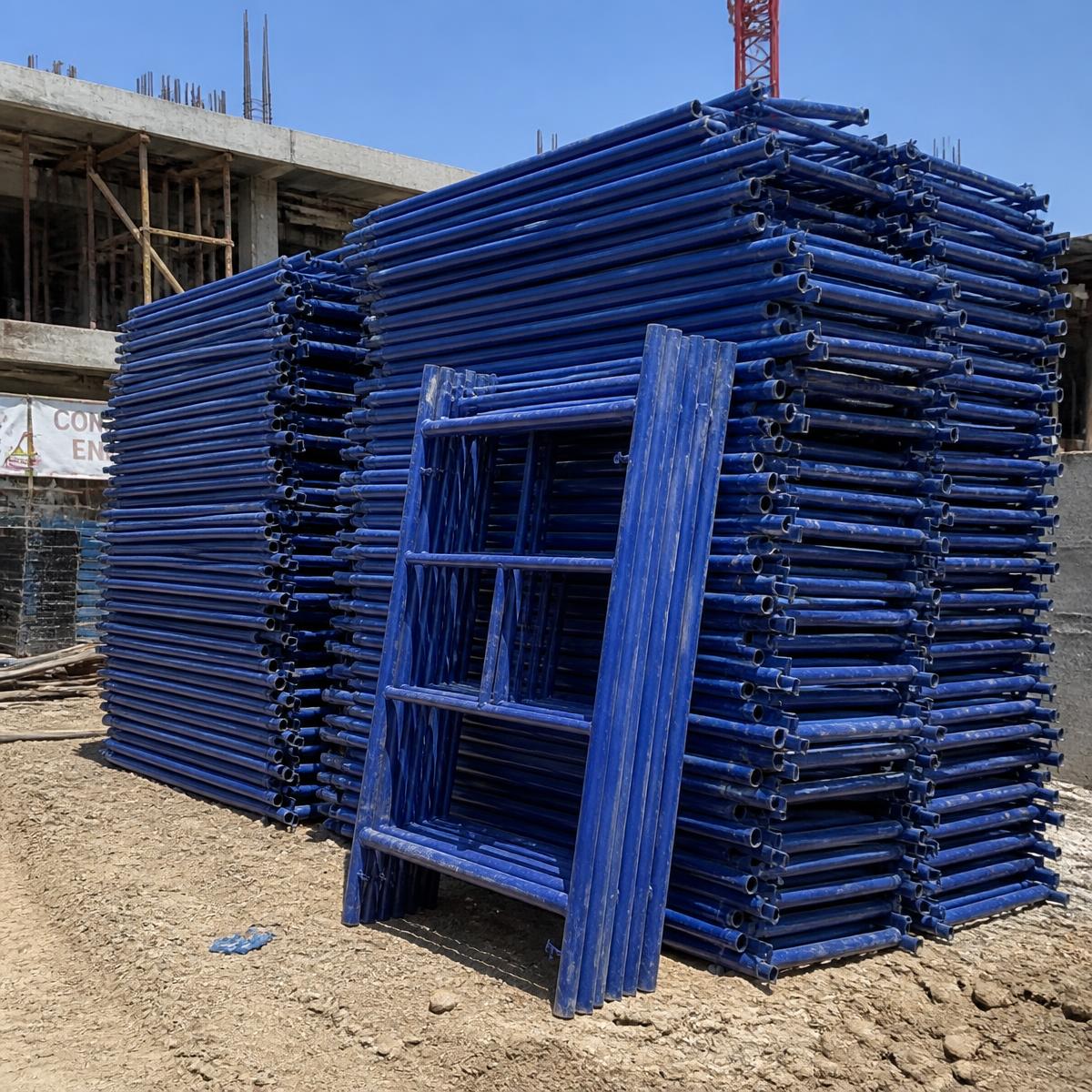 Andamios azules apilados listos para renta en León, Guanajuato